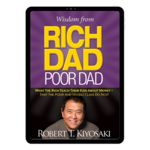 Cover of the eBook Rich Dad Poor Dad by Robert Kiyosaki, featuring bold text and visuals that represent wealth-building and financial literacy.